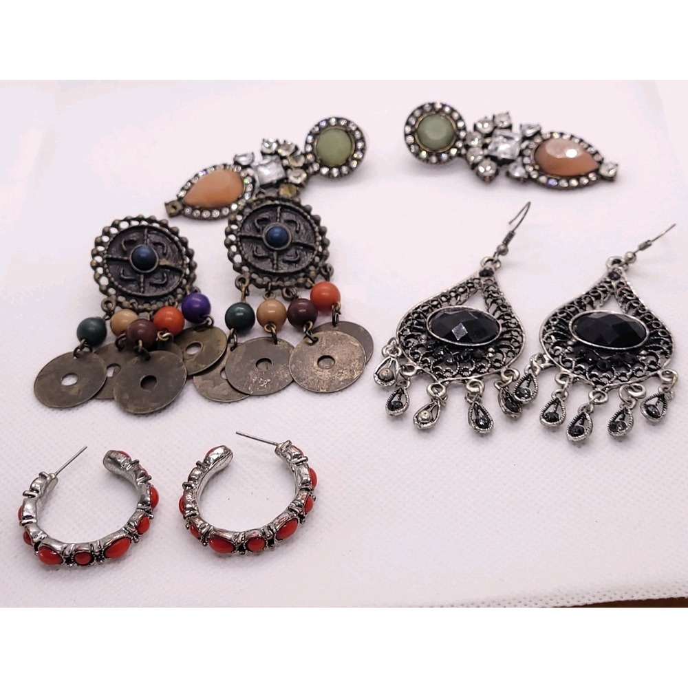 Vintage Mixed Earrings Lot 4 Pair Rhinestone Boho Chandelier Hoop As Is